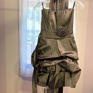 Silver strapless party dress with ruffle and bow